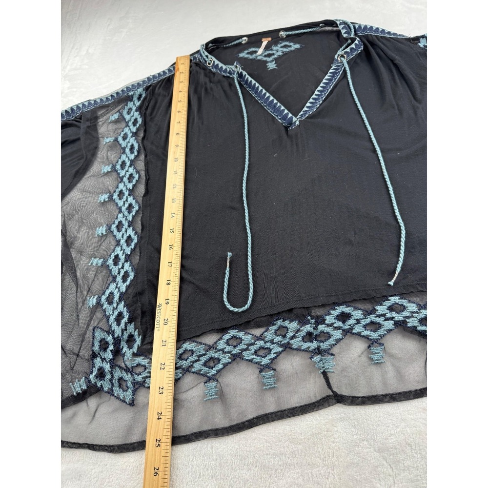 Free People Eden Loose Top Women's Medium Black Aztec Sheer Embroidered V-Neck - Picture 6 of 8